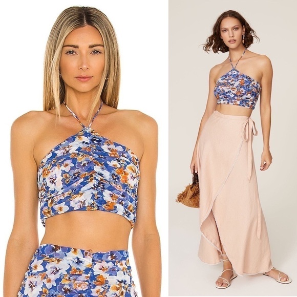 MISA LOS ANGELES Floral Ruched Smocked Sleeveless Halter Neck Chiffon Crop Top M - Picture 1 of 16